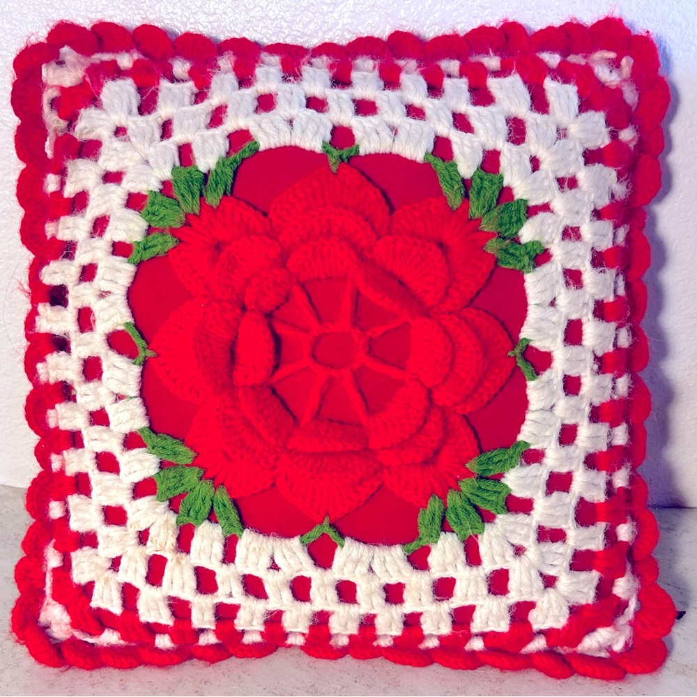Vintage Retro Granny Square Crochet 3D Pillow 12x12